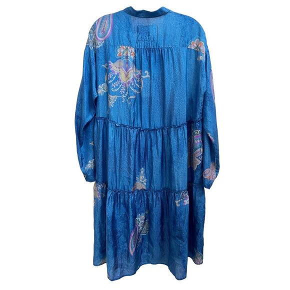 Johnny Was Sascha Silk Shirt Dress Tiered Sz S Long Slv Blue Paisley Spray - Picture 2 of 9